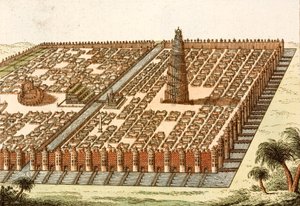 Wieża Babel, Pałac Królewski i Wiszące Ogrody Babilonu (kolorowy grawerunek) autorstwa European School
