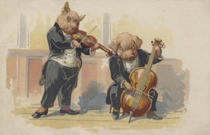 Dwie świnie grające na instrumentach muzycznych (kolorowa litografia) autorstwa European School