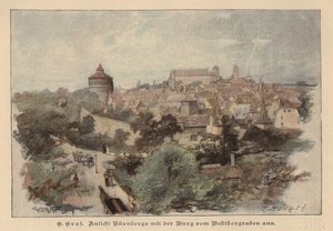 Widok Norymbergi i jej zamku, Niemcy (kolorowy grawerunek) autorstwa European School