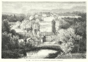 Widok zewnętrzny hodowli ryb Huningue (grawerowanie) autorstwa European School