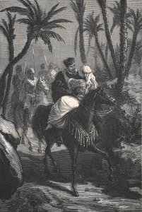 Cervantes jedzie na koniu z kobietą w oazie autorstwa Eusebio Planas