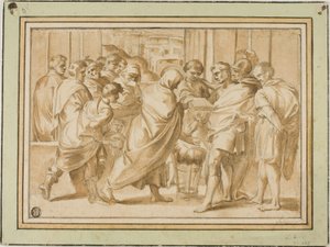 Scena z historii rzymskiej, z udrapowaną postacią przedstawiającą księgę władcy autorstwa Eustache Le Sueur