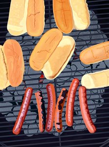 6 hot dogów na grillu, południowa strona Streef (grafika cyfrowa) autorstwa Evan Sklar
