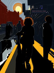 Podświetlane postacie i słońce na chodniku na Manhattanie (grafika cyfrowa) autorstwa Evan Sklar