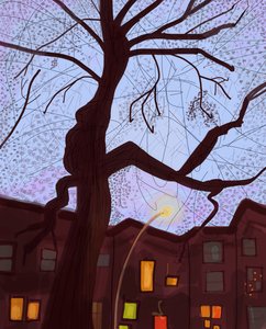 Brooklyn Brownstone Street At Dusk, 2016 (narysowane ręcznie na iPadzie ołówkiem Apple) autorstwa Evan Sklar