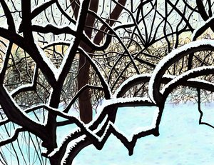Wiśniowe drzewo w śniegu, Brooklyn (grafika cyfrowa) autorstwa Evan Sklar