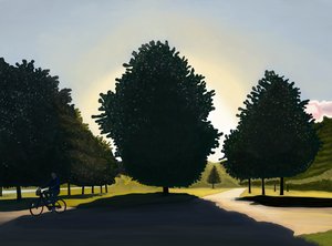 Rowerzysta, świt, Hyde Park (grafika cyfrowa) autorstwa Evan Sklar