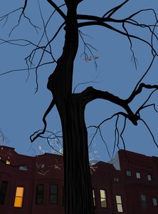 Domy i drzewa nocą, Brooklyn. (sztuka cyfrowa) autorstwa Evan Sklar