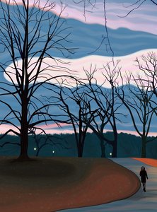 Mężczyzna ćwiczący w Prospect Park o wschodzie słońca o zmierzchu (grafika cyfrowa) autorstwa Evan Sklar