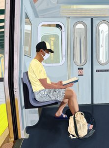 Mężczyzna w rozebranych szortach czytający książkę w metrze, ok. 2020-24 (grafika cyfrowa) autorstwa Evan Sklar