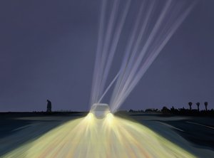 Mężczyzna spacerujący nocą po parkingu Lighthouse Beach, Chatham, Mass (grafika cyfrowa) autorstwa Evan Sklar