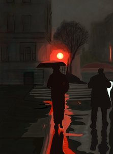 Mężczyzna spacerujący w deszczu w nocy (grafika cyfrowa) autorstwa Evan Sklar