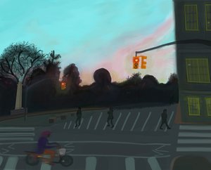 Pomarańczowy skuter, Grand Army Plaza, Brooklyn, 2016 (narysowany ręcznie na iPadzie ołówkiem Apple) autorstwa Evan Sklar