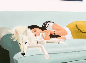 Penny i Ava na kanapie w domu (grafika cyfrowa) autorstwa Evan Sklar