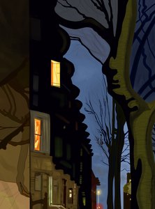 Wierzchołki ulic i budynków nocą (grafika cyfrowa) autorstwa Evan Sklar