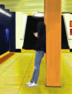 Czekając na pociąg F, Brooklyn (grafika cyfrowa) autorstwa Evan Sklar