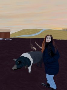 Młoda kobieta i świnia, ok. 2020-24 (grafika cyfrowa) autorstwa Evan Sklar