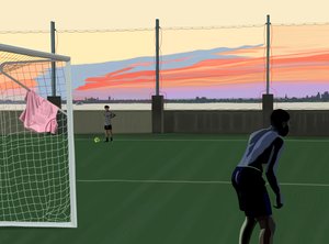 Młodzieżowa piłka nożna w Brooklyn Bridge Park (grafika cyfrowa) autorstwa Evan Sklar