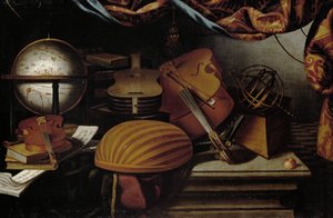 Martwa natura z instrumentami muzycznymi, globusem i sferą armilarną, XVII wiek.