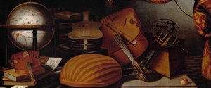 Martwa natura z instrumentami muzycznymi, globusem i detalem sfery armilarnej, XVII wiek.