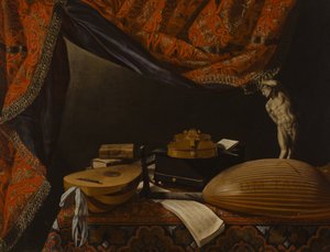 Martwa natura z instrumentami muzycznymi, książkami i rzeźbą autorstwa Evaristo Baschenis