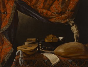 Martwa natura z instrumentami muzycznymi, książkami i rzeźbą 1650