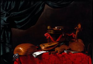 Martwa natura z instrumentami muzycznymi i gruszką Obraz Evaristy Baschenis (1617-1677) XVII wiek. Bergamo, Accademia Carrara, Włochy