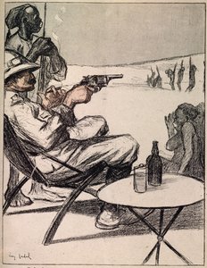 Koloniści, Czekając na posiłki, trochę sami pracujemy z pubu LAssiette Au Beurre. sierpień 1902 autorstwa Eve Cadel