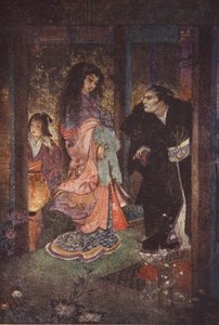 Shinzaburo rozpoznał Tsuyu i jej służącą Yone, ilustracja z „The Myths and Legends of Japan” F. Hadlanda Davisa autorstwa Evelyn Paul