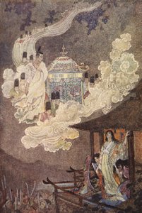 Moonfolk żąda Lady Kaguya, ilustracja z „The Myths and Legends of Japan” F Hadlanda Davisa autorstwa Evelyn Paul