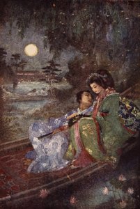 Kochankowie, którzy wymieniają się fanami, frontispis z „The Myths and Legends of Japan” F Hadlanda Davisa autorstwa Evelyn Paul