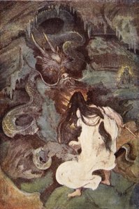 Tokoyo i wąż morski, ilustracja z „Mity i legendy Japonii” F. Hadlanda Davisa autorstwa Evelyn Paul