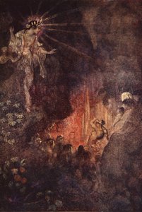 Uzuma budzi ciekawość Ama-terasu, ilustracja z „Mity i legendy Japonii” F Hadlanda Davisa autorstwa Evelyn Paul