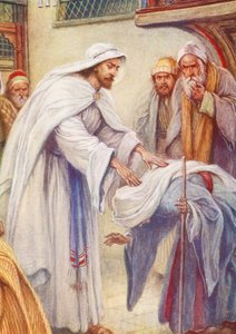 Jezus i kobieta ze zgiętymi plecami (kolorowa litografia)