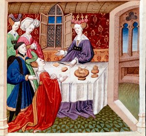 Iseult (lub Iseult) błagają o ochronę królowej Guenevre siedzącej przy jej stole. Miniatura zaczerpnięta z „”Romanesque du Chevalier Tristan et de la reine Yseult”” Gassien de Poitiers iluminowana przez Everarda de Espinques (Evrard d