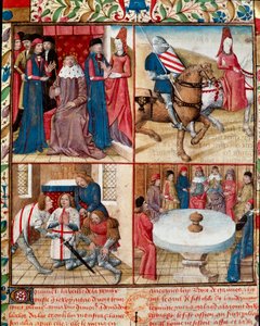 Król Artur sprawujący dwór, Lancelot prowadzony przez damę do opactwa, zmiękczający z Galahad (Gaalad lub Galaad) do opactwa i rycerzy Okrągłego Stołu wokół strony rękopisu Świętego Graala „” Rzymianka Rycerza Tristana i Królowej Izoldy” autorstwa Gassien 