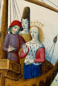Królowa Izolda (Izolda) z Tristanu i wyruszyli do królestwa Logres Miniatura zaczerpnięta z „”Romanesque du Chevalier Tristan and Queen Yseult”” Gassien de Poitiers zinlumowana przez Everarda de Espinques (Evrard d