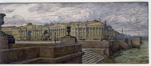 Miejsce Senatu w Sankt Petersburgu. Opis zabudowy nad brzegiem Newy. Dzieło Evgeny Evgenyevich Lanceray (Eugene Lansere) (1875-1946), litografia