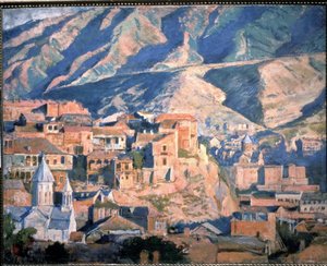 Tbilisi (Republika Gruzji) (Tiflis) - Widok miasta na Kaukazie, w krajobrazie gór skalistych - Obraz Evgeny Evgenyvich Lanceray (Eugene Lansere) (1875-1946), olej na płótnie