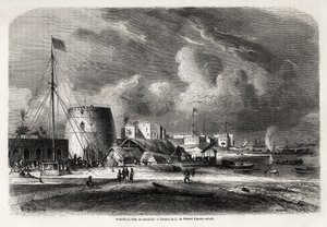 Port miasta Zanzibar (dzisiejsza Tanzania), rysunek Evremonda de Berard (1824-1881), ilustrujący podróż kapitana Burtona do Wielkich Jezior Afryki Wschodniej w latach 1857-1859. Grawerowanie w „”Le tour du monde, nouveau journal des voyages””Paryż