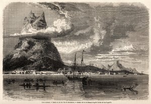 Rade i szczyt wyspy Borabora, rysunek Evremonda Auguste de Berard (1824-1881), ilustrujący podróż przyrodnika po archipelagu Galapagos i na wyspach koralowych, w 1858 roku autorstwa Karola Darwina (1809-1882). Grawerowanie w „” Le tour du mond
