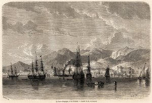 Port w Hiszpanii w Trynidadzie (Trynidad i Tobago), rysunek Evremonda Auguste de Berard (1824-1881), ilustrujący wyprawy do Indii Zachodnich w latach 1858-1859, Anthony Trollope (1815-1882). Grawerowanie w „” Le tour du monde, nouveau journal des voya