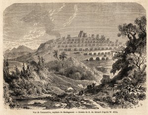 Widok Tananarive, stolicy Madagaskaru, rys. Evremond de Berard (1824-1881), ilustrujący podróż Idy Pfeiffer na Madagaskar w 1857 roku. Rycina w „”Le tour du monde”” 1861. Kolekcja Selvy.
