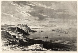 Widok Tangeru (Maroko), rysunek Evremonda de Berarda (1824-1881), ilustrujący notatki z podróży M.F.Schicklera do Maroka. Grawerowanie w „”Le tour du monde, nouveau journal des voyages””Paryż