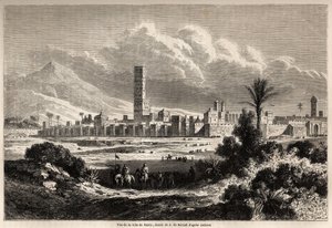 Widok miasta Marrakesz (dawniej Maroko), rysunek Auguste de Berard (1824-1881), ilustrujący Mr.F. Podróż Schicklera do Maroka w 1860 roku. Grawerowanie w „”Le tour du monde, nouveau journal des voyages””Paryż