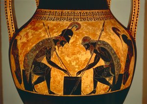 Strychowa amfora czarnofigurowa przedstawiająca Achillesa i Ajaksa grających w kości, z Vulci, ok. 540-530 p.n.e. (ceramika) (detal) autorstwa Exekias Exekias