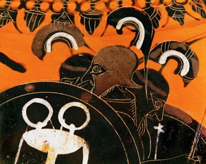 Trzygłowy olbrzym Geryon, którego bydło Herakles ukradł ... autorstwa Exekias Exekias