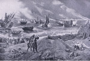 Jakub II w bitwie pod La Hogue, 23 maja 1692, ilustracja z brytyjskich bitew lądowych i morskich, 1915 autorstwa Eyre Crowe