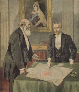 Konwencja angielsko-francuska podpisana w Londynie przez Paula Cambona (1843-1924) ambasadora Francji i Lorda Salisbury (1830-1904) premiera Wielkiej Brytanii, z Le Petit Journal, 9 kwietnia 1899 (kolorowane en