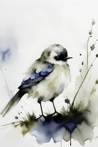 Samotny ptak w malarstwie akwarelowym, dekoracja ścienna, grafika do wnętrz autorstwa F. Abderrahim